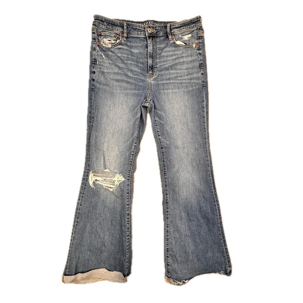American Eagle Super Hi-Rise Flare Distressed Jeans Blue Size 14 Regular‎